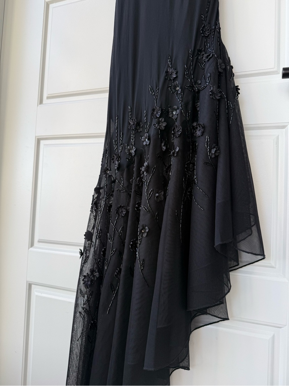 Rare Cache whimsical Fairy Beaded Floral Aplique Asymmetrical Maxi Silk Dress - Picture 6 of 8